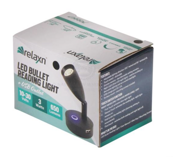 RELAXN LED - BULLET READING LIGHT - DIMMABLE - USB CHARGER (BLACK)