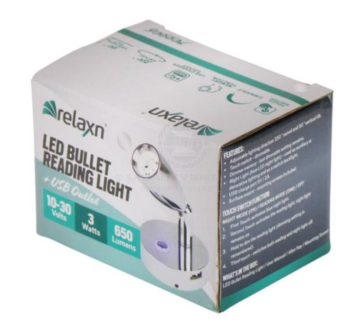 RELAXN LED - BULLET READING LIGHT - DIMMABLE - USB CHARGER (CHROME)