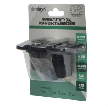 RELAXN SOCKET - DUAL PANEL - DUAL USB-A / USB-C CHARGER & CIGARETTE LIGHTER