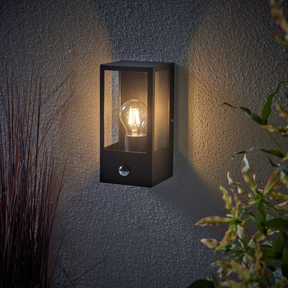 Saxby 94348 Breton Outdoor (IP44) Decorative Wall Light with PIR Sensor in Matt Black & Clear Glass