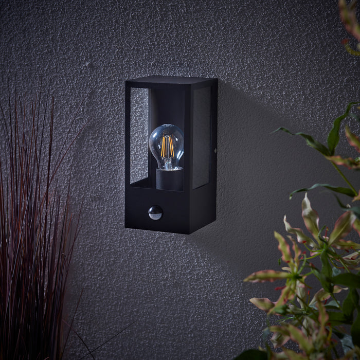 Saxby 94348 Breton Outdoor (IP44) Decorative Wall Light with PIR Sensor in Matt Black & Clear Glass