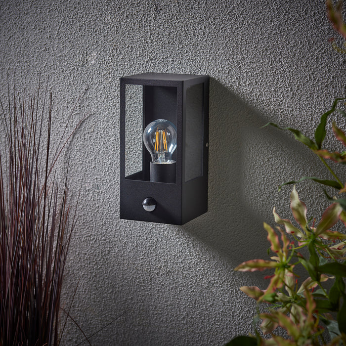 Saxby 94348 Breton Outdoor (IP44) Decorative Wall Light with PIR Sensor in Matt Black & Clear Glass