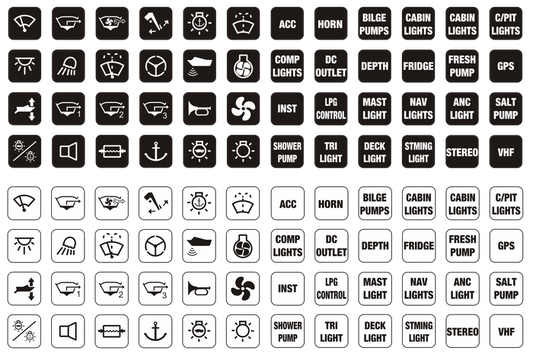 Viper LED Rocker Switch Name Plates - Black & White 12mm Square - Bosuns Boat