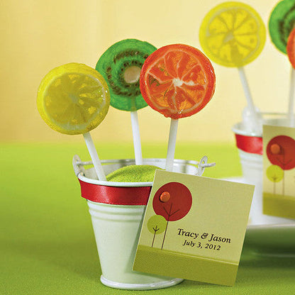 Mini Metal Wedding Favor Pail filled with lollipops.